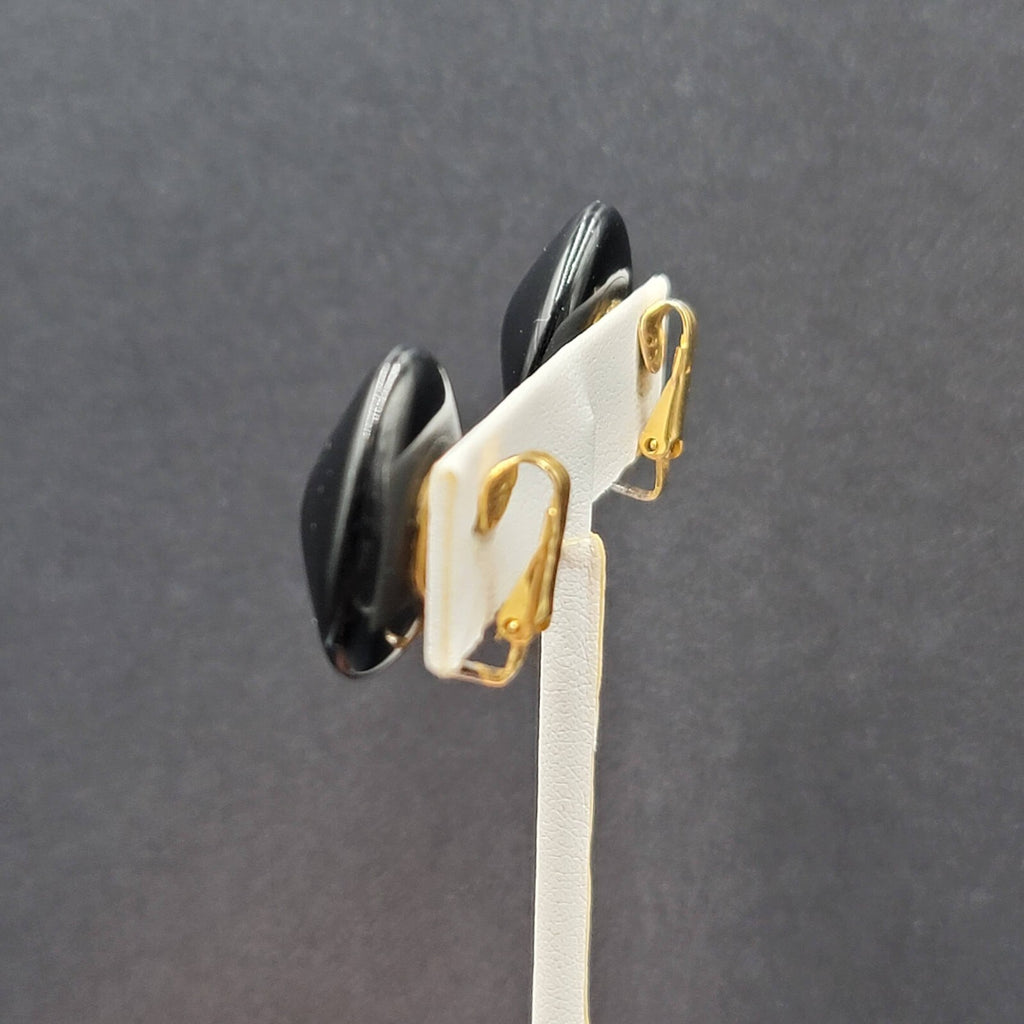 Vintage Clip on Earrings Black Glass Triangle 3/4"