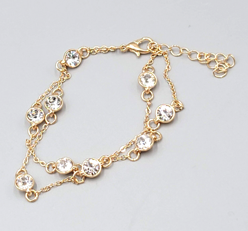 Double Chain Station Rhinestone Bracelet Gold tone 7"-8.75" Adj