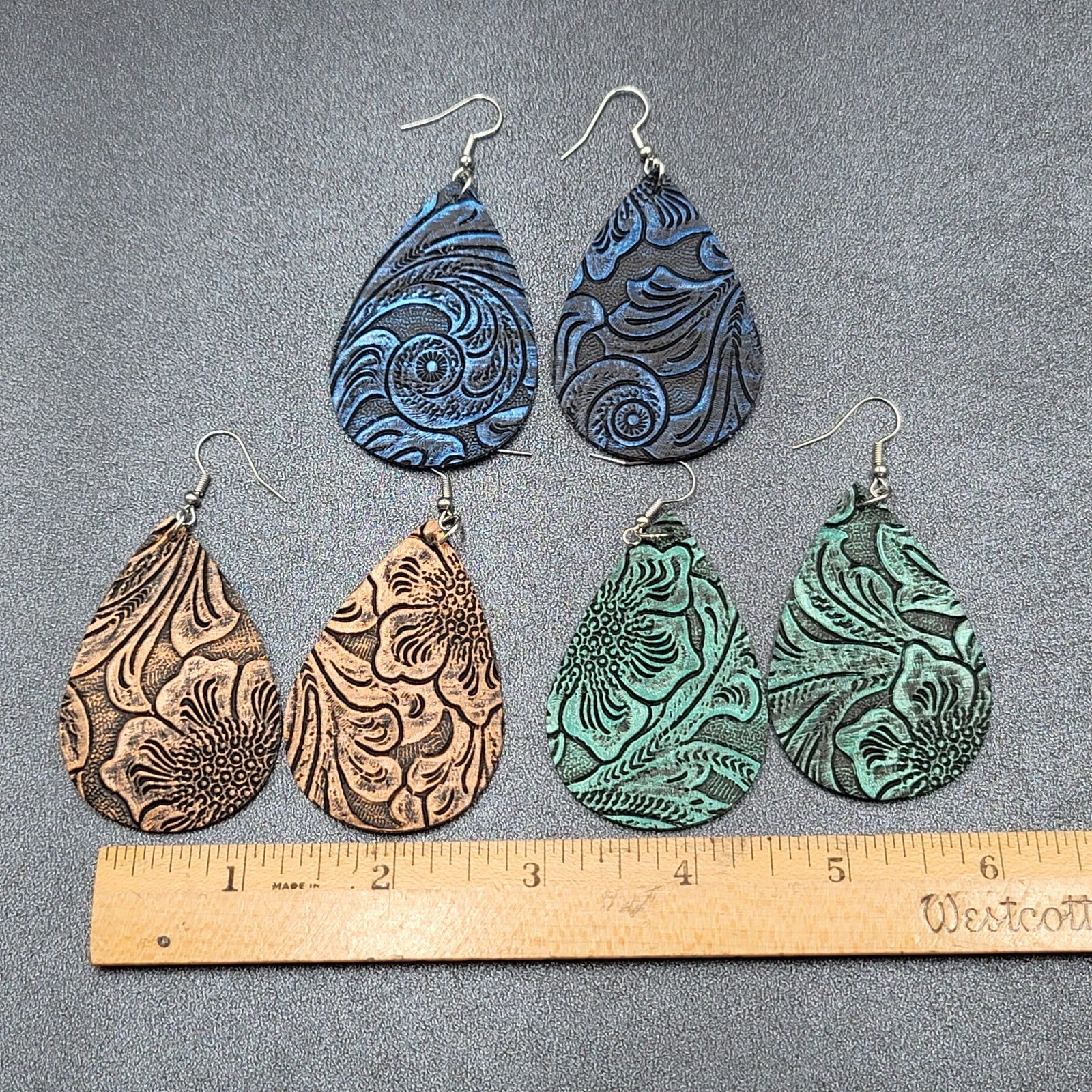 Lot of 3 Pierced Earrings Faux Tooled Leather Gold Green Blue 2.25"