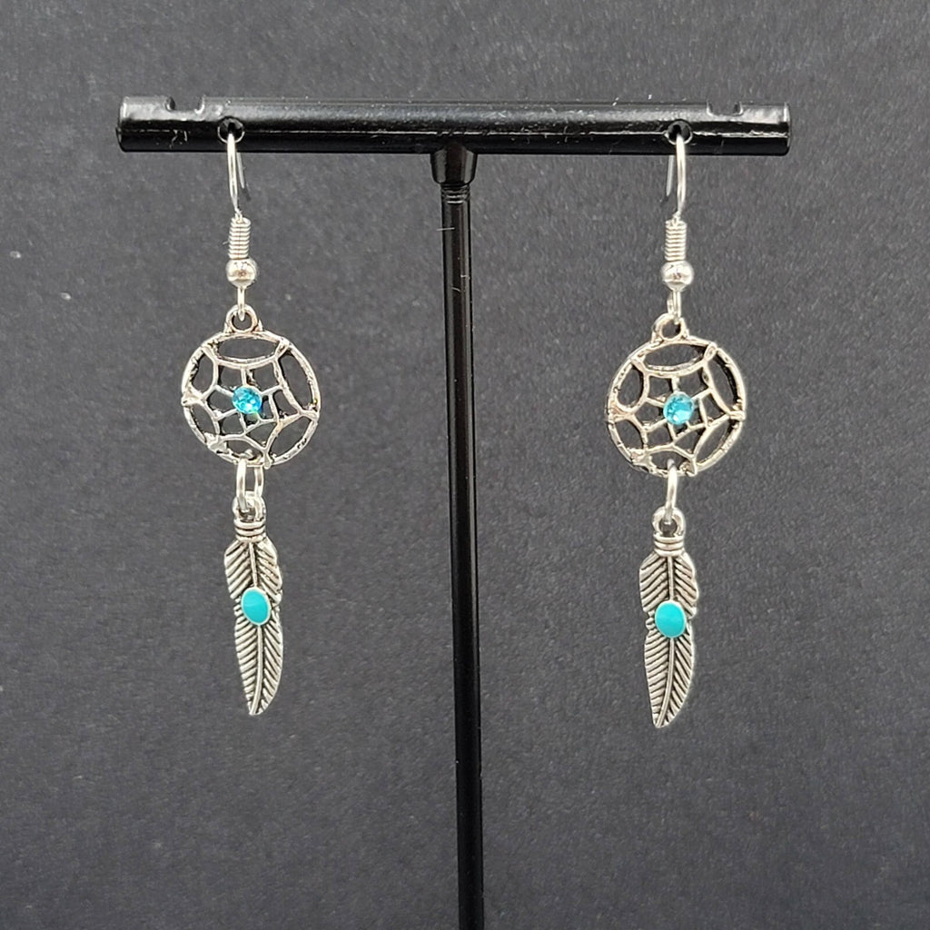 Dreamcatcher Pierced Earrings Silver tone Blue Rhinestone Enamel Feather  1 5/8"