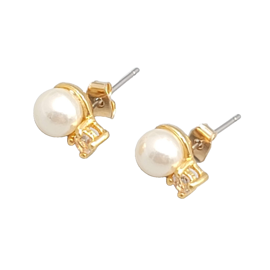 Pearl Cubic Zirconia Pierced Earrings Studs 3/8 in