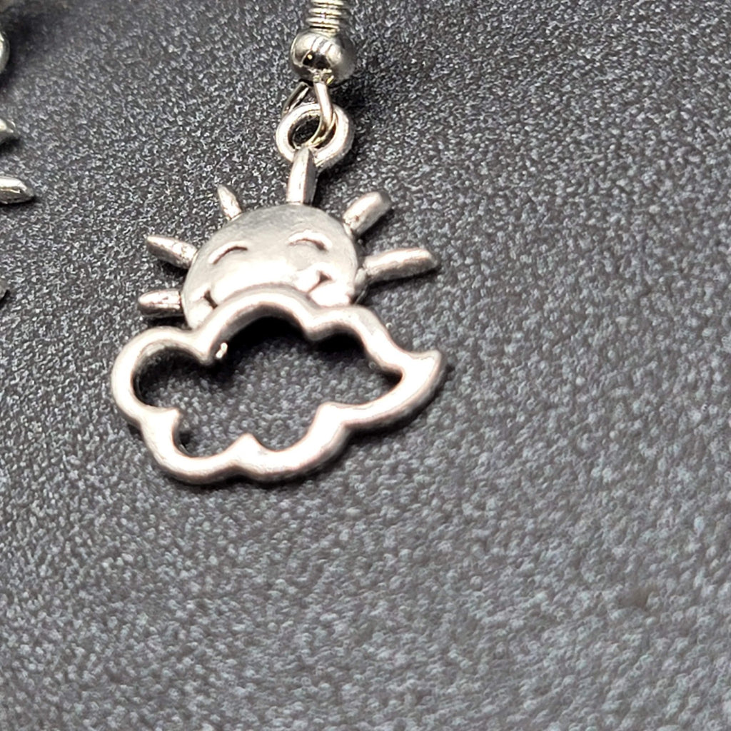 New Happy Sun Clouds Pierced Earrings Silver tone Dangle 3/4"
