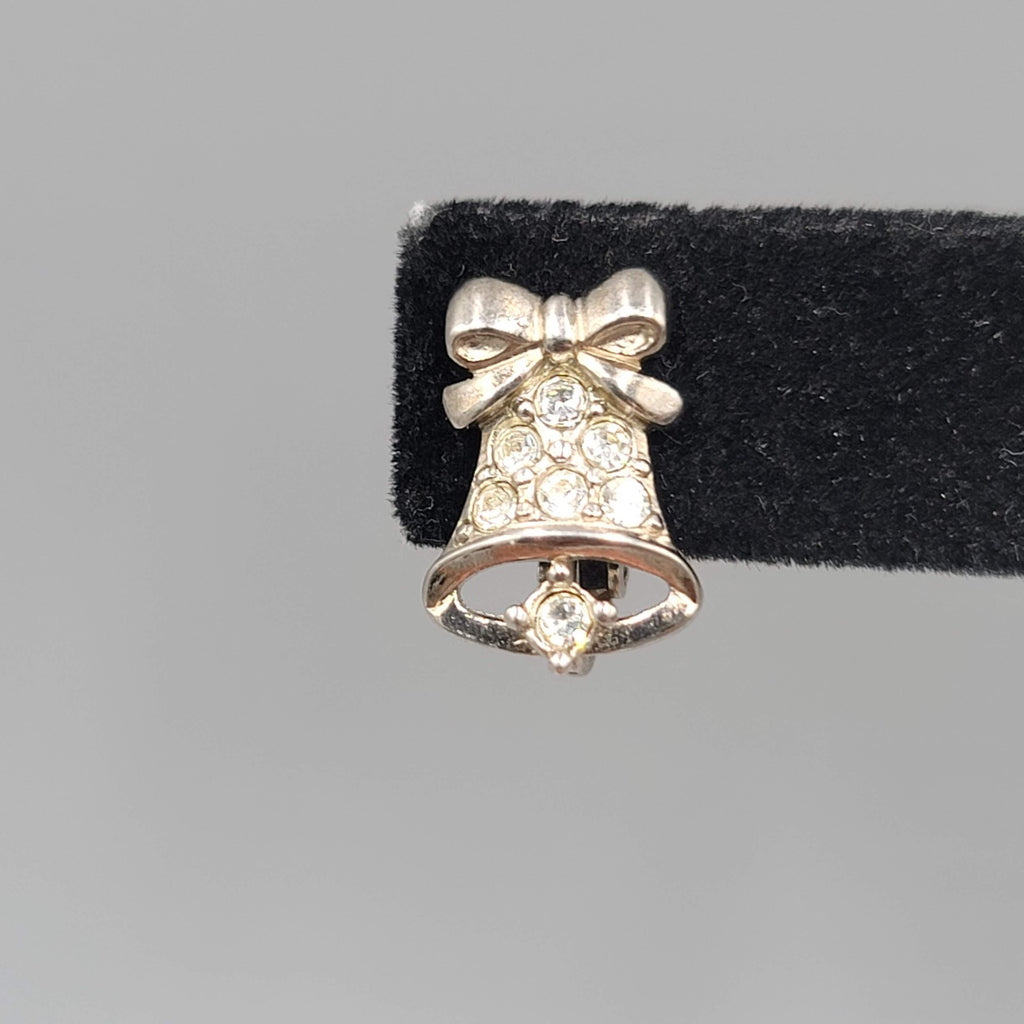 Vintage Rhinestone Christmas Bell Studs Clip on Earrings Silver tone 5/8"
