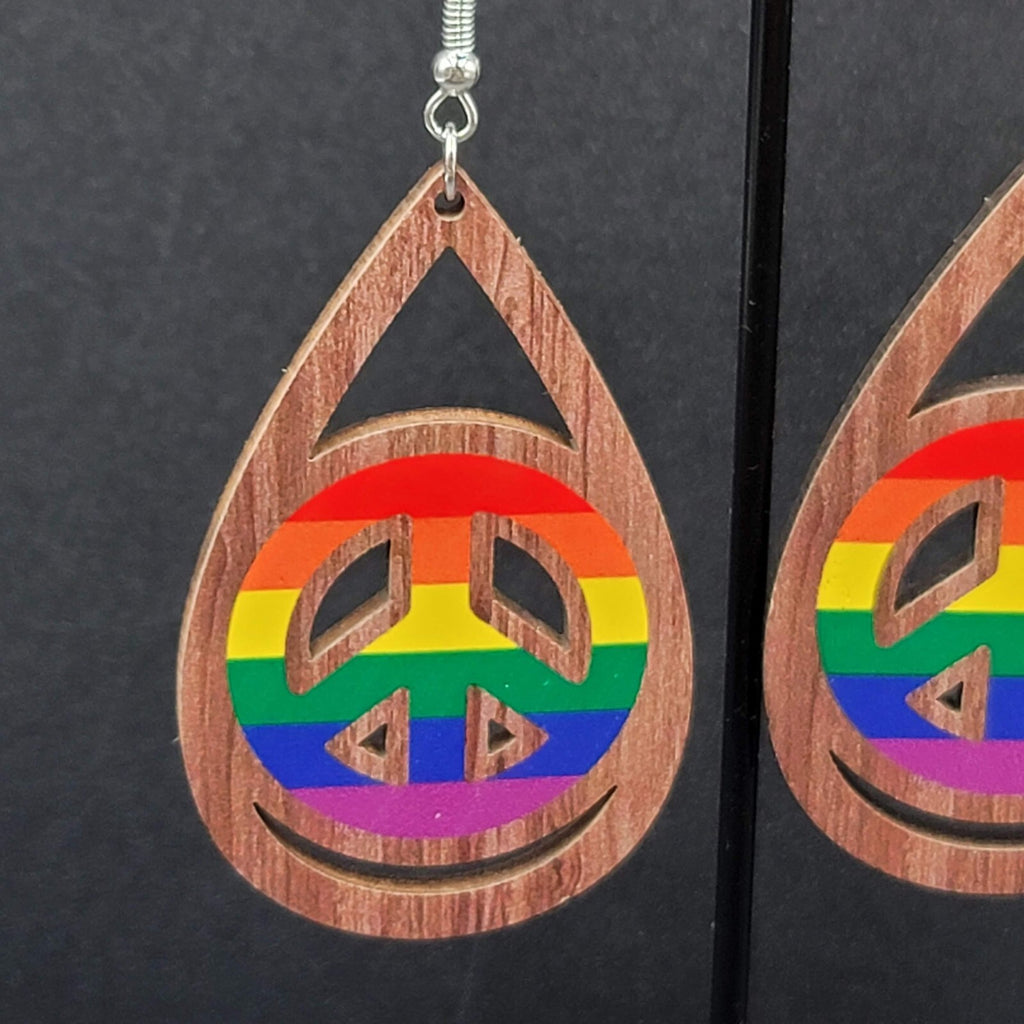 New PRIDE Peace Sign Pierced Earrings Rainbow Wood Teardrop Dangle 2.25"