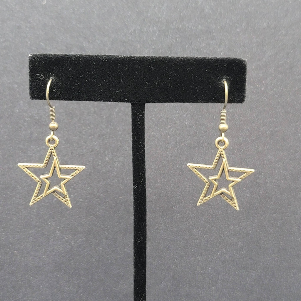 Pierced Earrings Bronze tone Double Open Star Dangle 7/8"