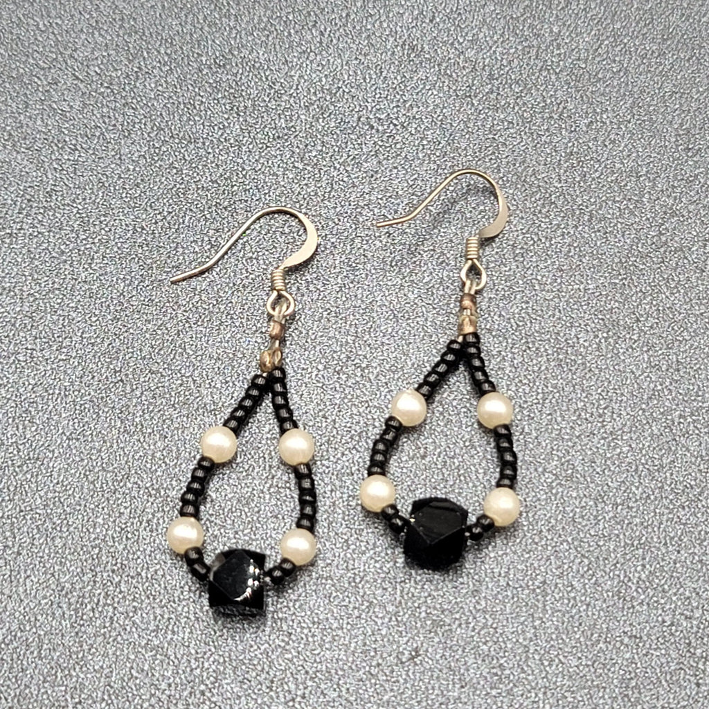 Pierced Earrings White Black Beaded Teardrop Hoops 1 3/8"