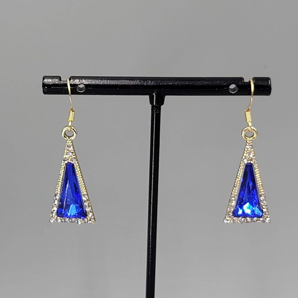 Blue Rhinestone Triangle Pierced Earrings Gold tone Dangle 7/8"