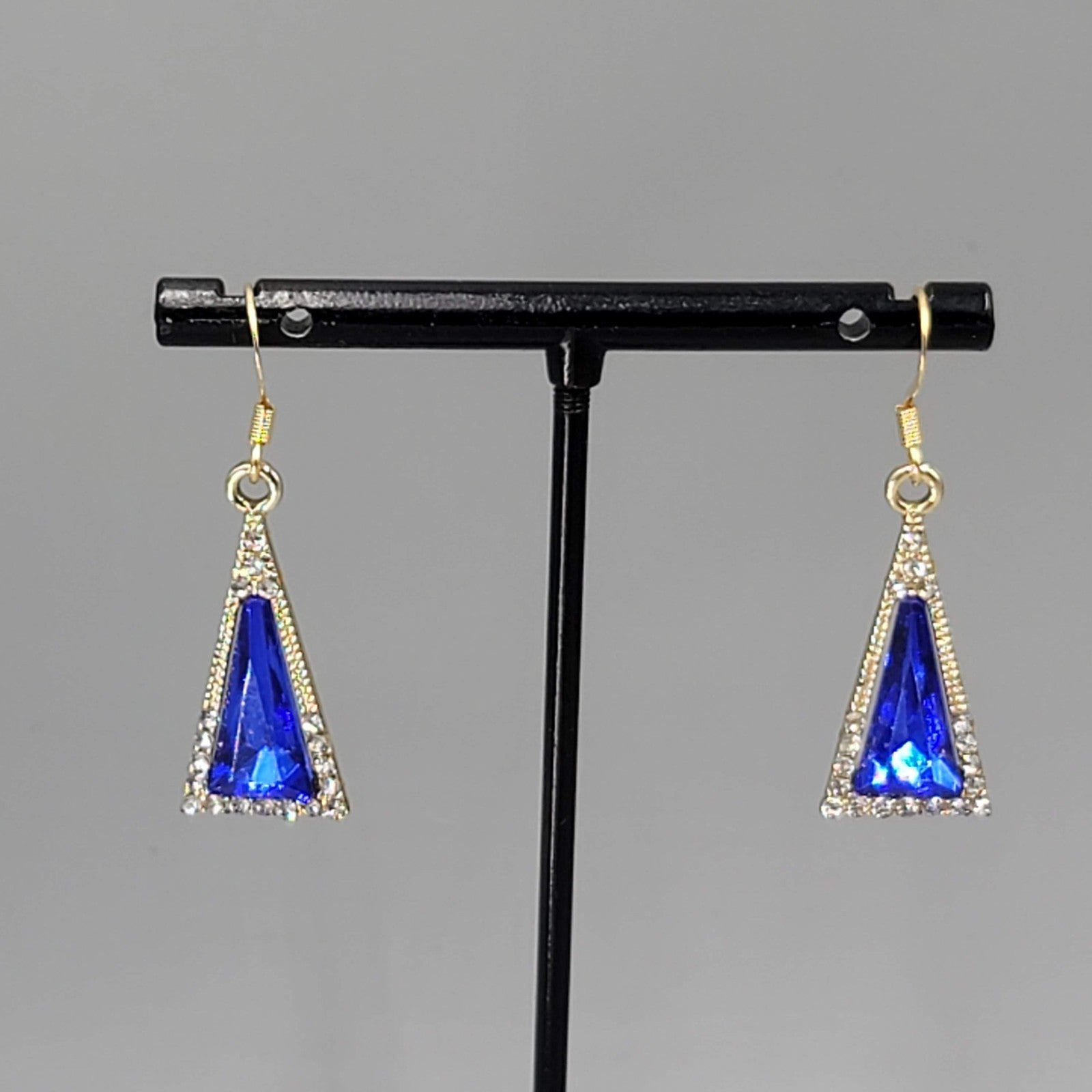 Blue Rhinestone Triangle Pierced Earrings Gold tone Dangle 7/8"