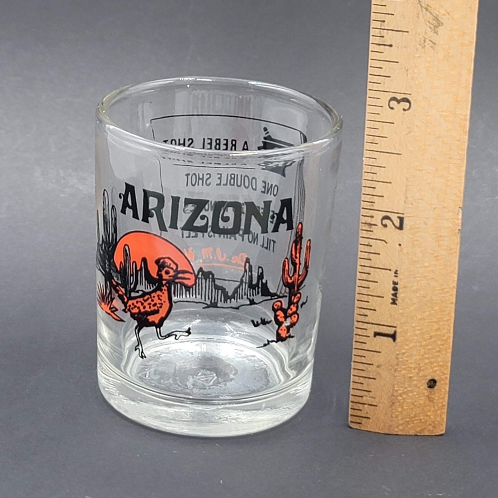Arizona Souvenir Shot Glass Double Shot Black Orange Embossing Cactus Roadrunner