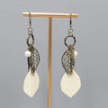 Boho White Enamel Leaf Pierced Earrings Bronze tone Dangle 3.25"