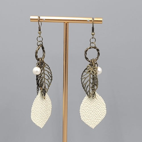 Boho White Enamel Leaf Pierced Earrings Bronze tone Dangle 3.25"