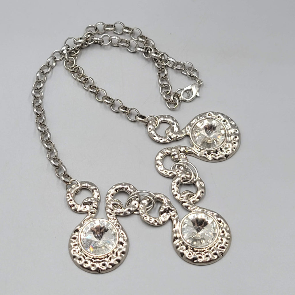 Large Clear Rivoli Rhinestone Necklace Silver tone Statement 18 in