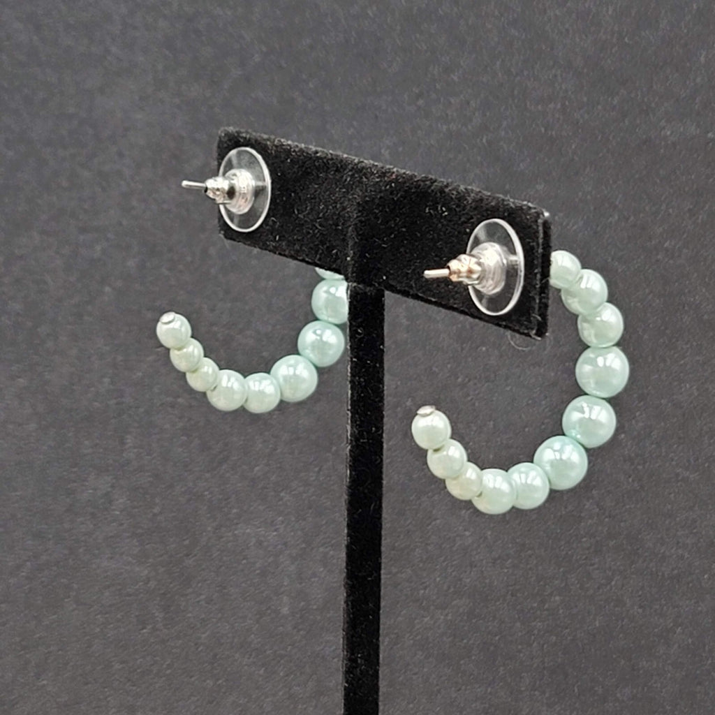 Vintage Pierced Earrings Baby Blue Graduated Beaded Hoops 1"
