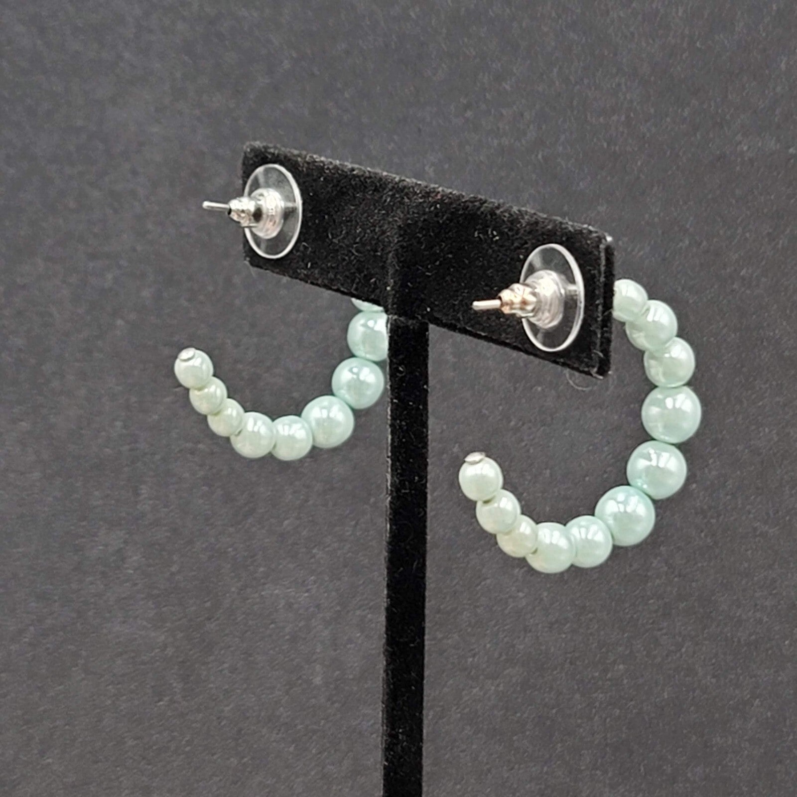 Vintage Pierced Earrings Baby Blue Graduated Beaded Hoops 1"