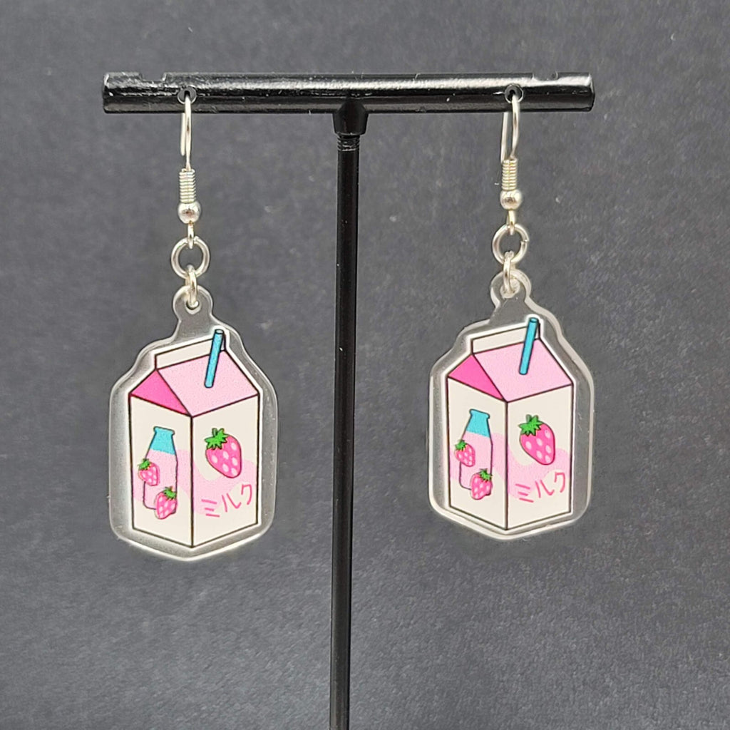 Strawberry Milk Pierced Earrings Acrylic Dangle Silver tone Hooks 1.5"
