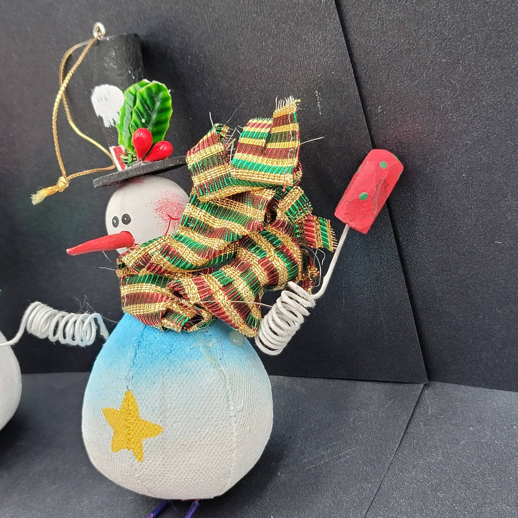 Christmas Snowman Ornament Lot of 2 Hand Painted Wood Canvas Beaded LONG 12"