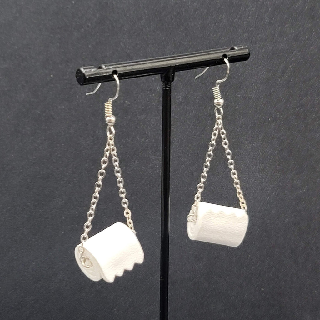 Toilet Paper Roll Pierced Earrings Silver tone Dangle Chains 1.5"