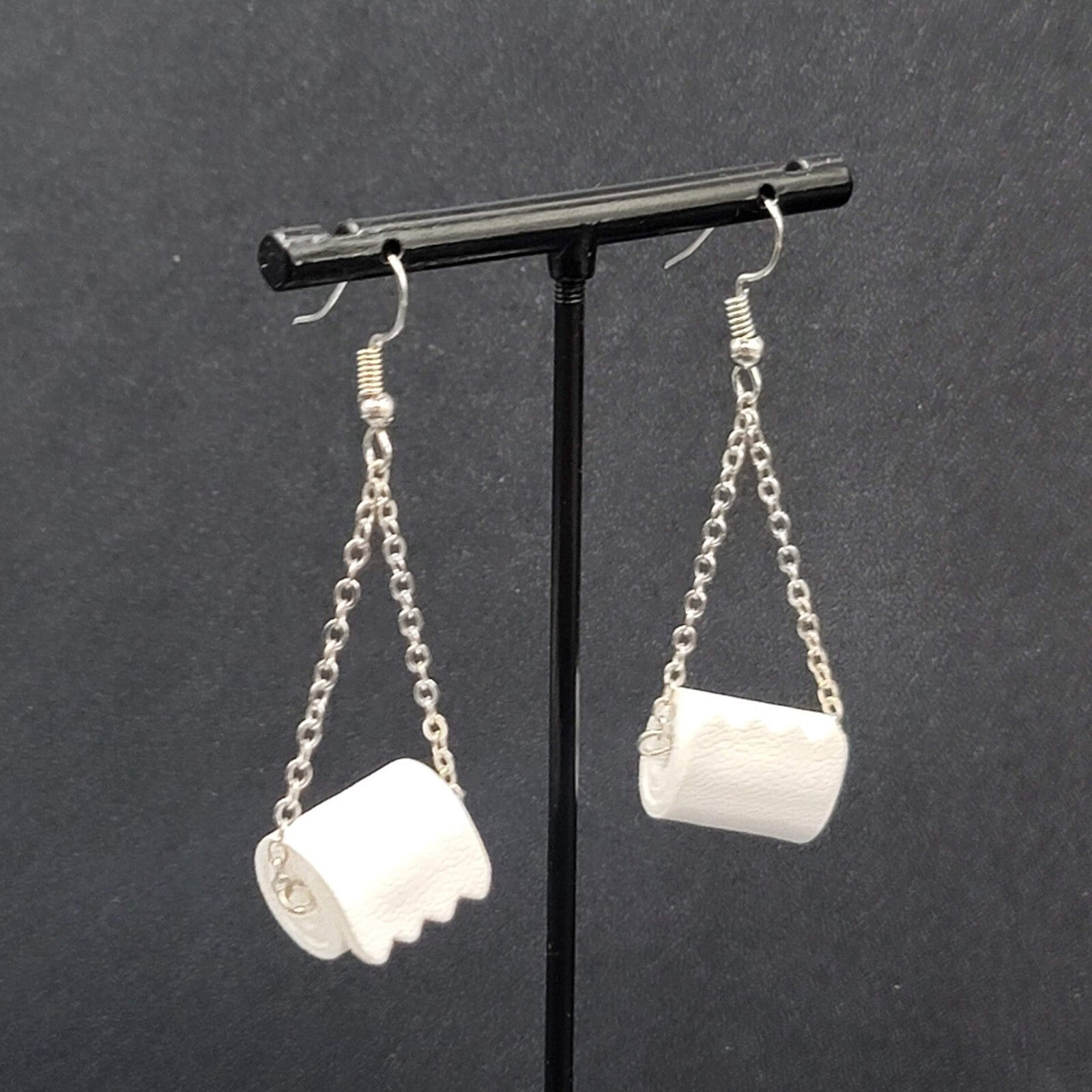 Toilet Paper Roll Pierced Earrings Silver tone Dangle Chains 1.5"