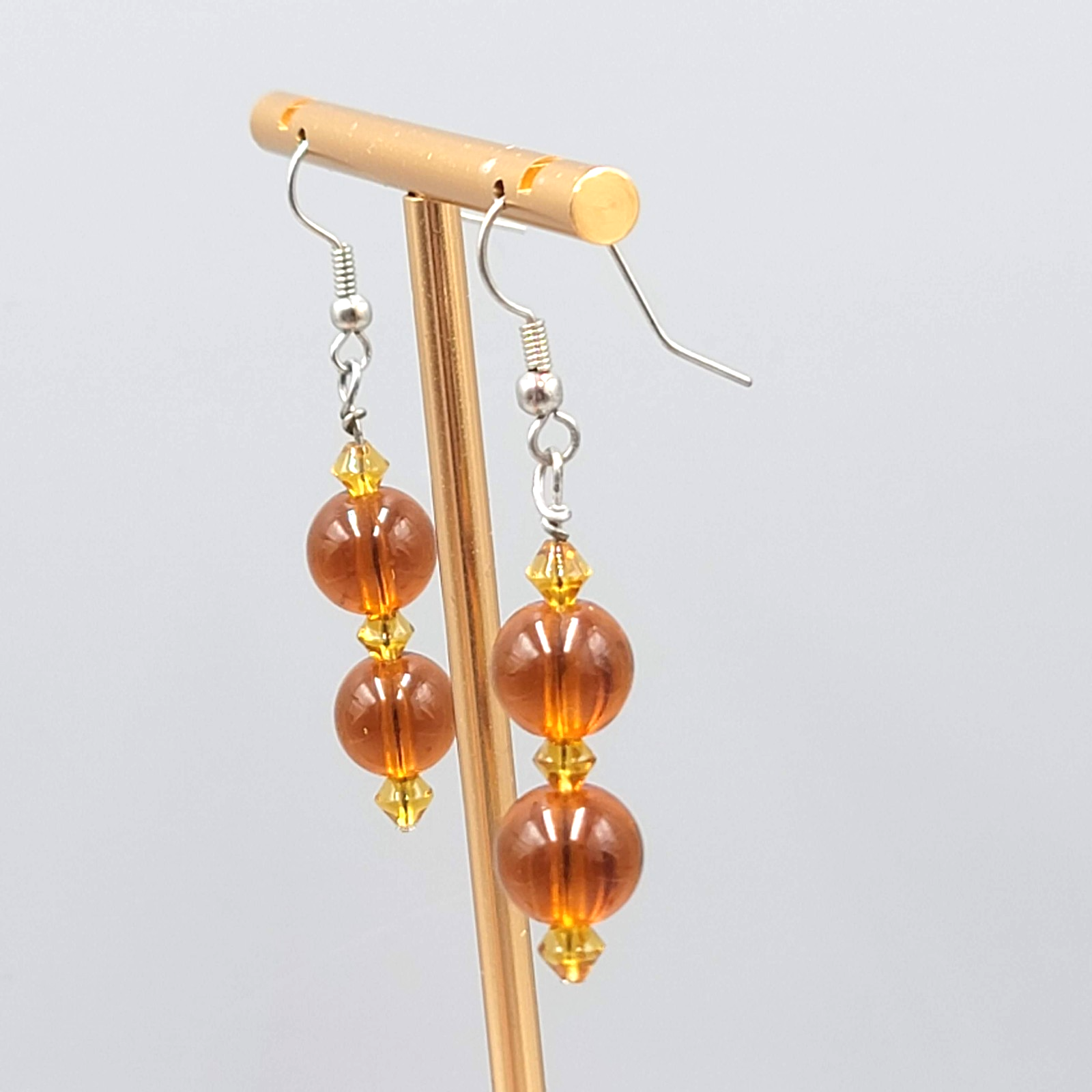 Brown Glass Bead Pierced Earrings Silver tone Dangle 1.5 in