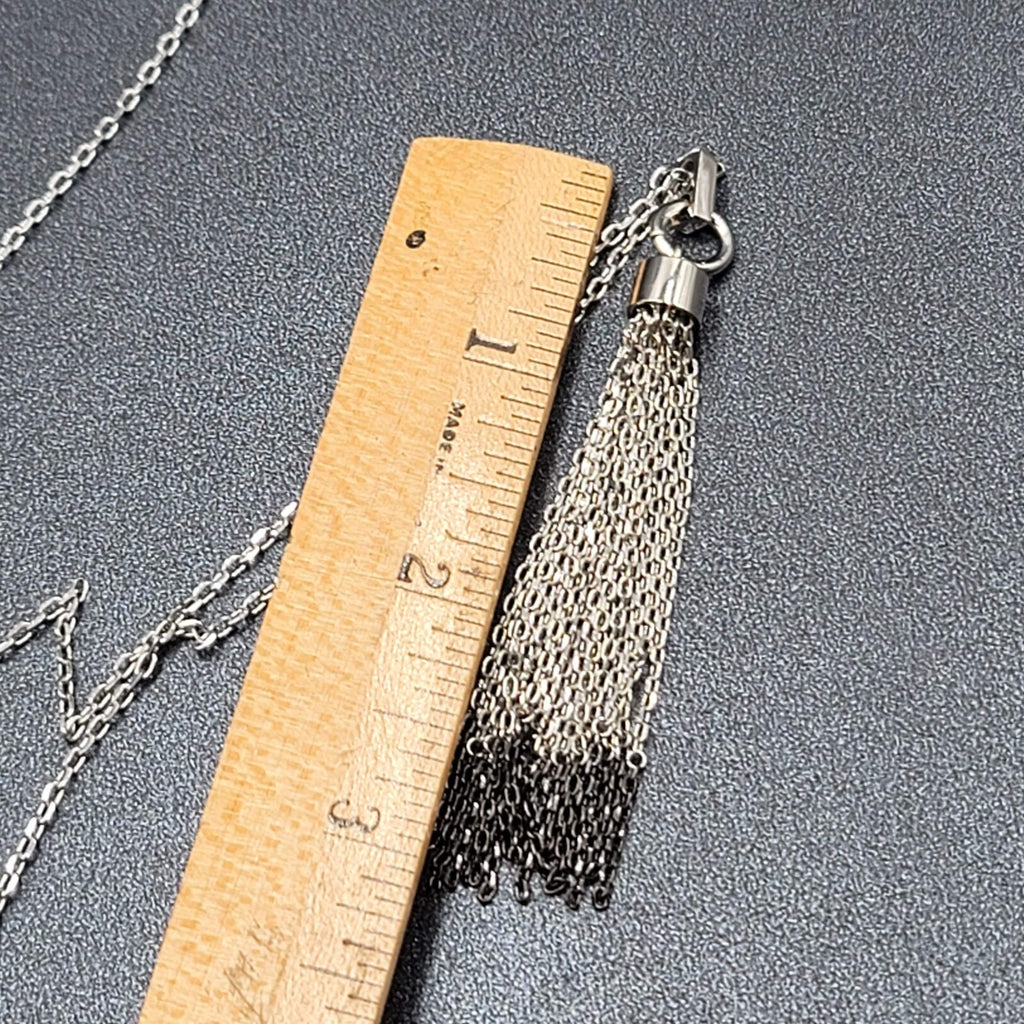 Fossil Tassel Pendant Necklace Silver tone Crystal Rhinestones Long 30"-32"