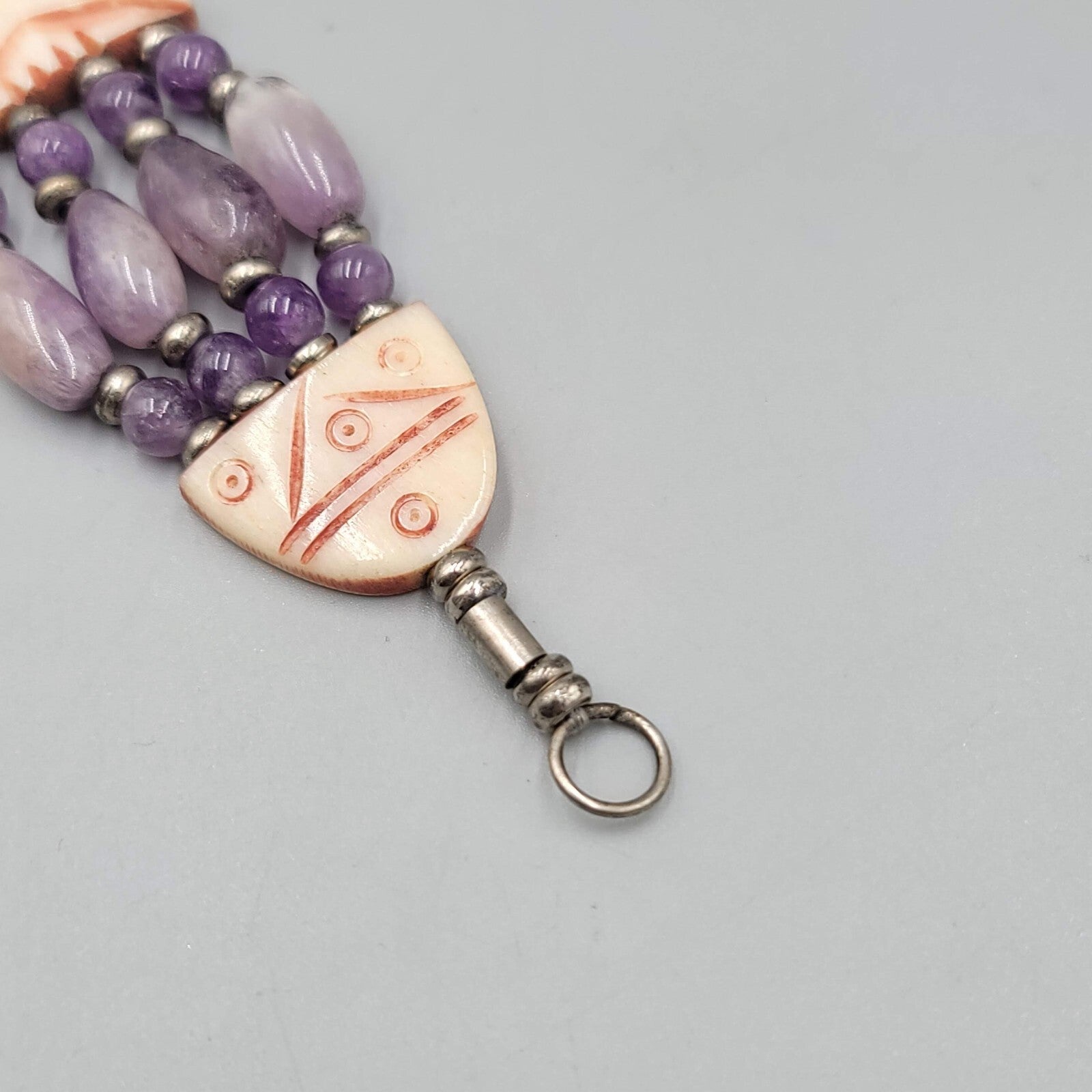 India Bracelet Hand Carved and Purple Amethyst Beads Silver tone 7 in