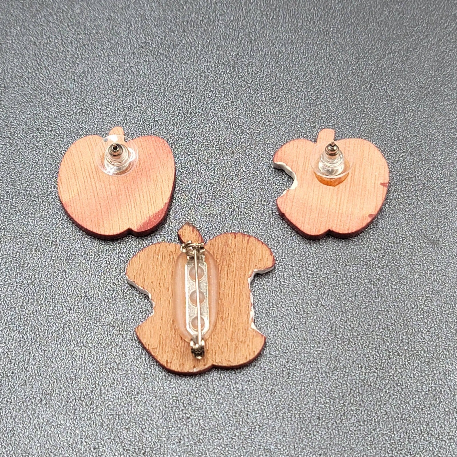 Vintage Brooch Pierced Earrings Set Wood Hand Painted Apple Teacher Gift
