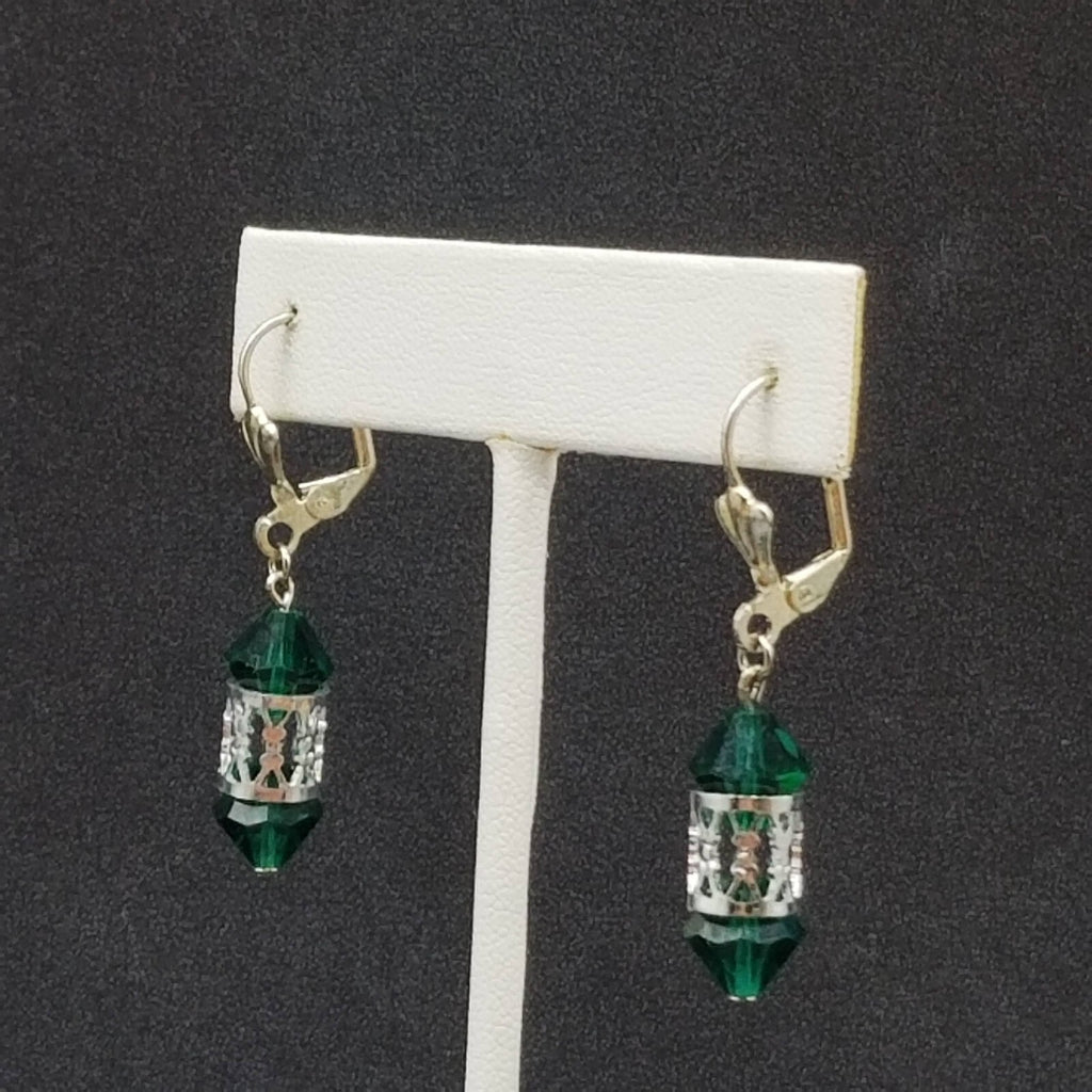 Pierced Earrings Silver tone Open Work Green Faceted Crystal Dangle 7/8"