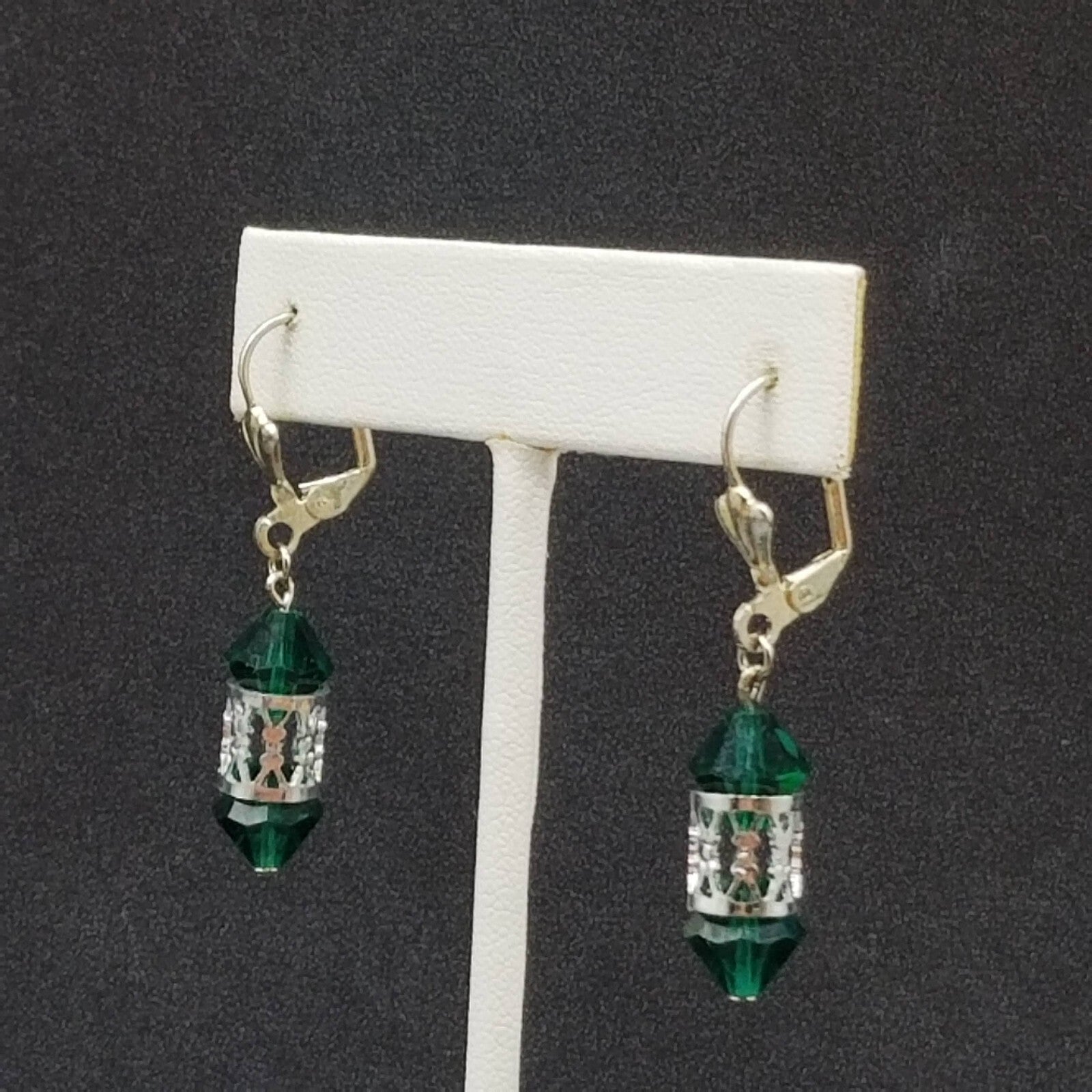 Pierced Earrings Silver tone Open Work Green Faceted Crystal Dangle 7/8"