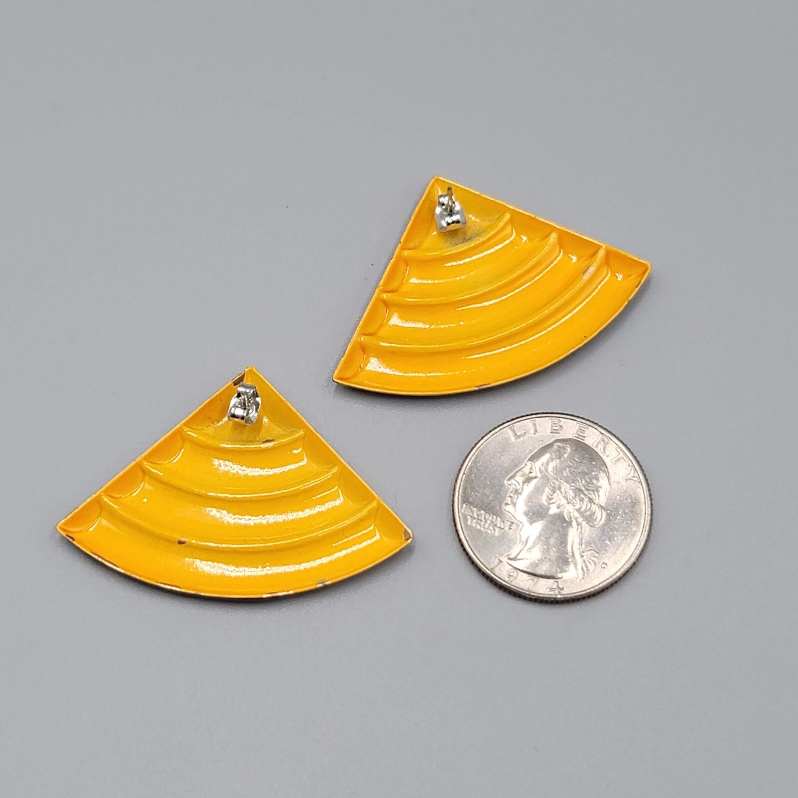 Vintage Pierced Earrings Yellow Black Enamel Triangle Drop Statement 80s 1 1/8"