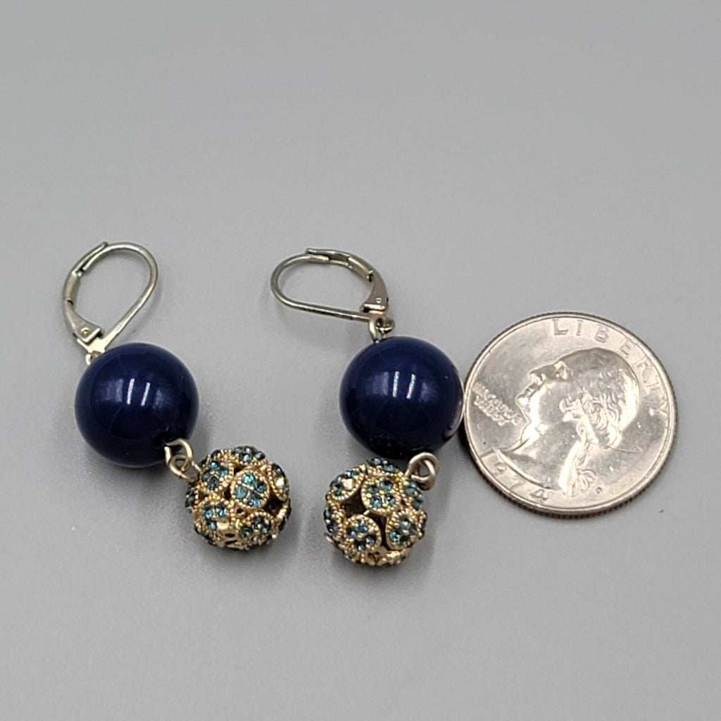 Blue Rhinestone Bead Pierced Earrings Dangle 1 3/8"