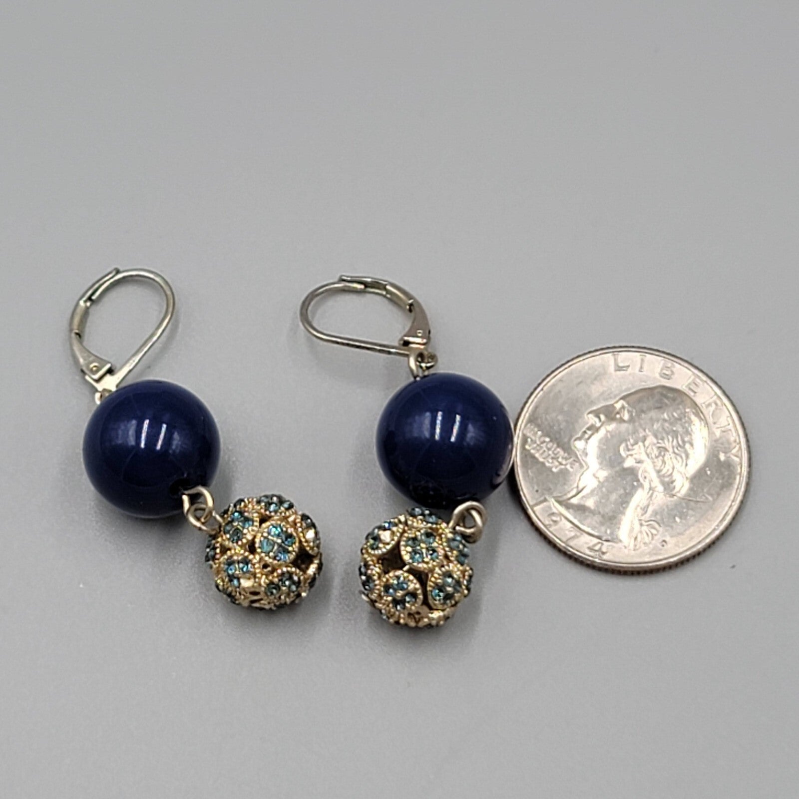 Blue Rhinestone Bead Pierced Earrings Dangle 1 3/8"