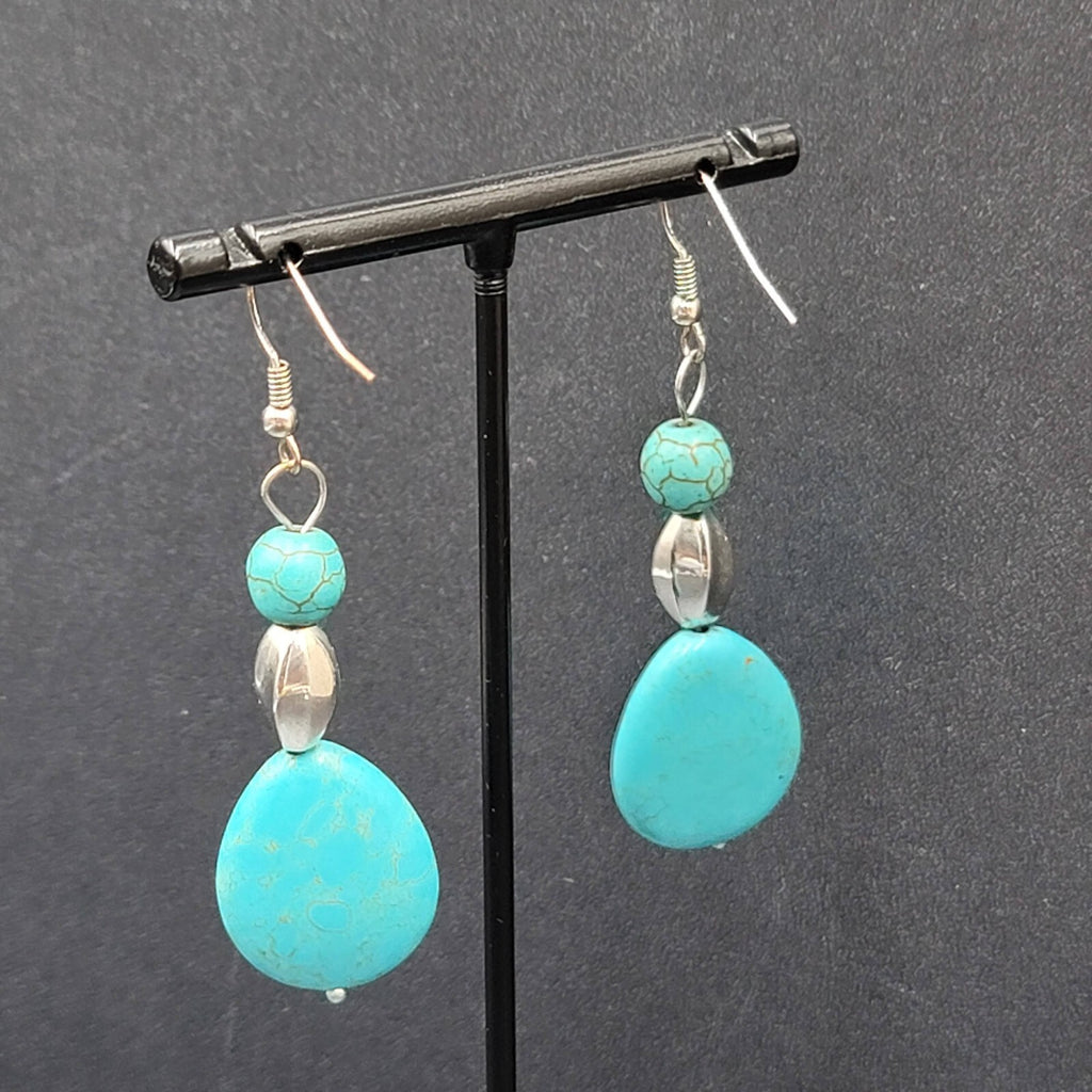 Pierced Earrings Silver tone Dyed Blue Howlite Teardrop Stone Beads 2"