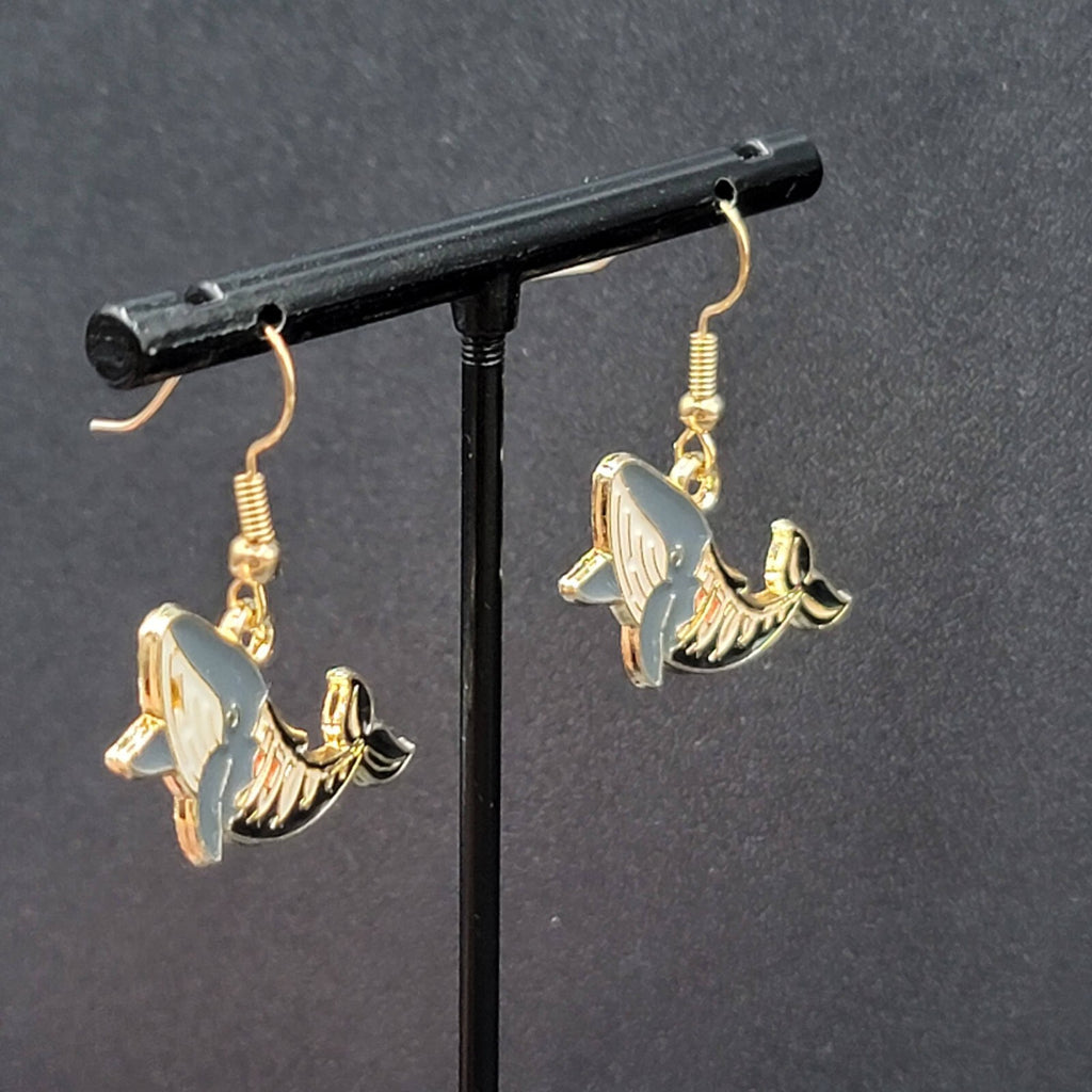 Zombie Whale Pierced Earrings Halloween Half Skeleton Enamel Dangle 5/8"