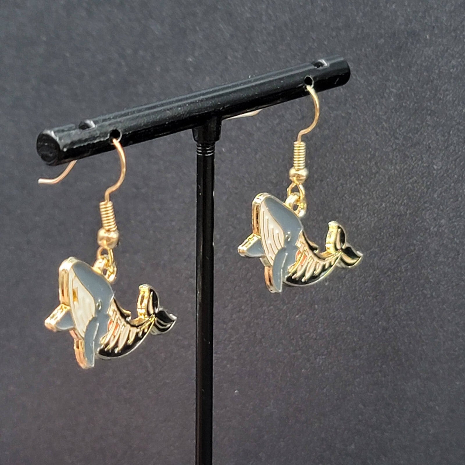 Zombie Whale Pierced Earrings Halloween Half Skeleton Enamel Dangle 5/8"