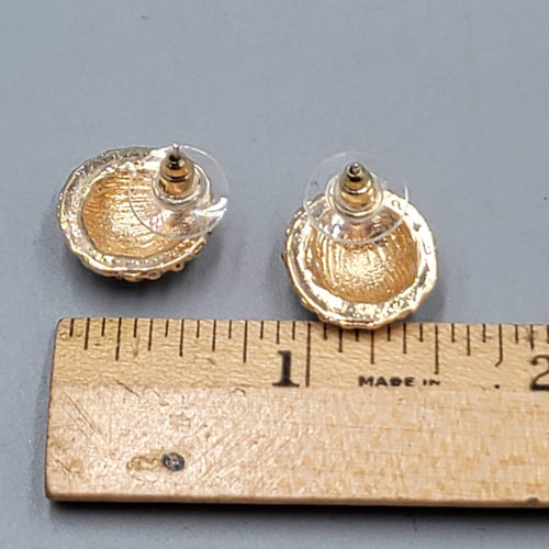 Dome Pierced Earrings Gold tone Clear Rhinestone 5/8 in