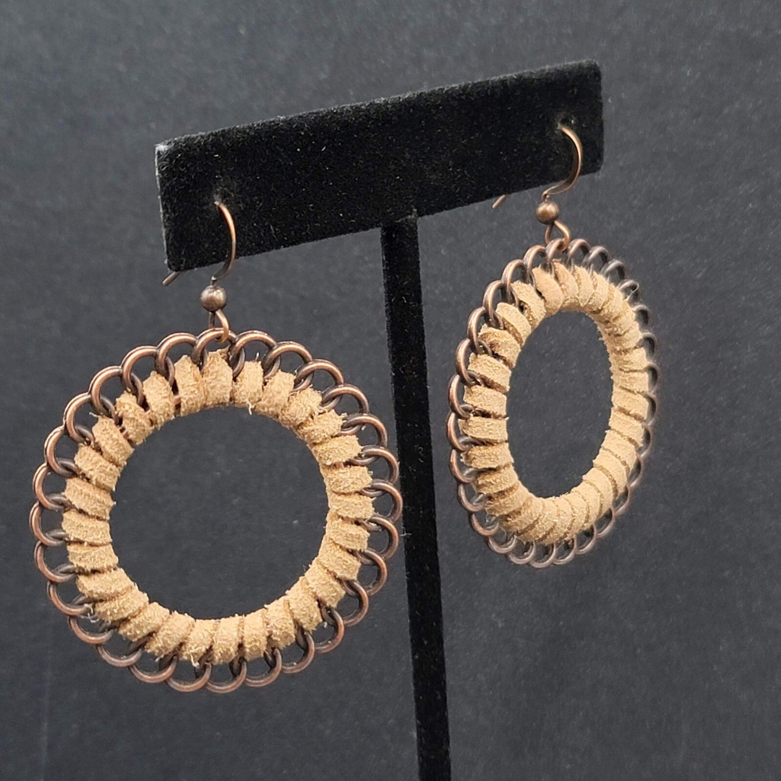 New Boho Pierced Earrings Copper tone Faux Leather Laced Hoops 1.75"
