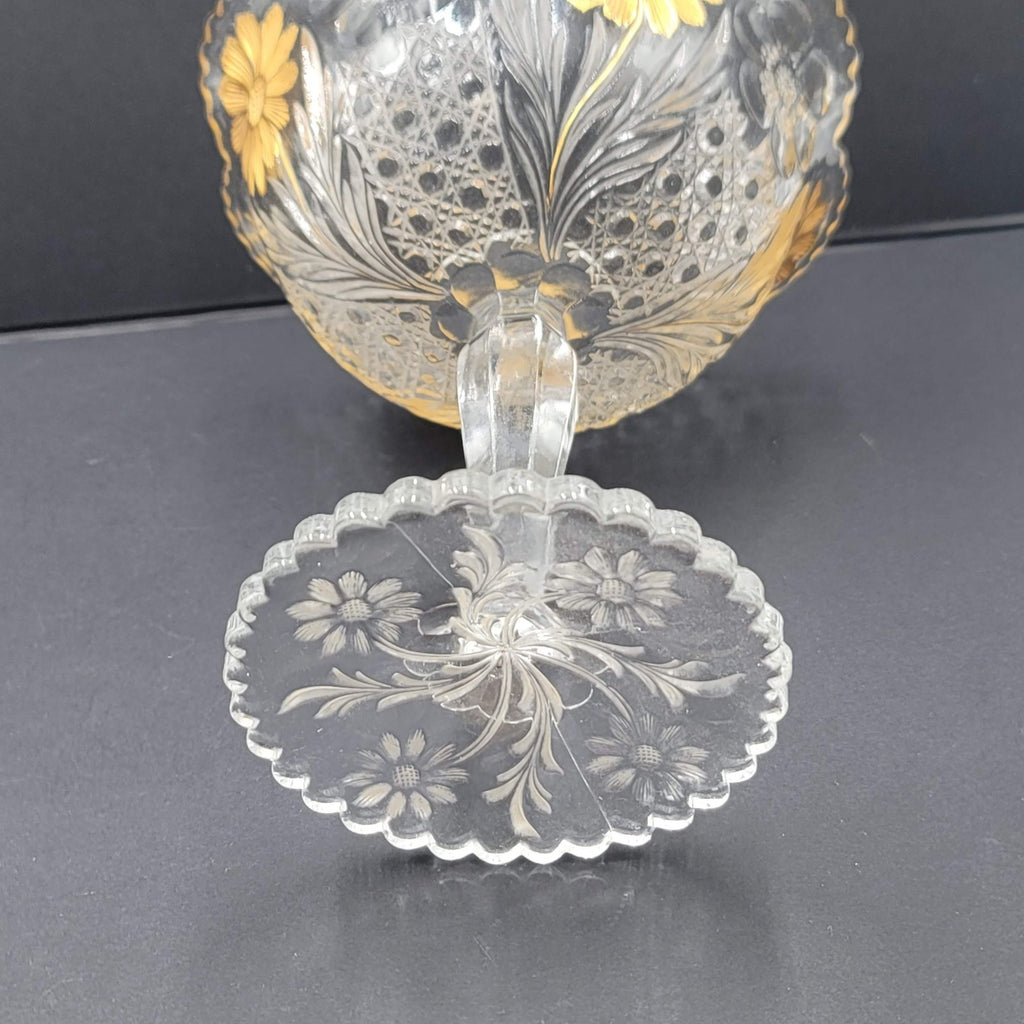 Pressed glass compote candy dish clear gold daisy floral pedestal scalloped rim