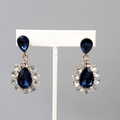 Blue Teardrop Glass Pierced Earrings Gold tone Dangle 2"
