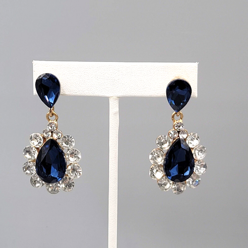 Blue Teardrop Glass Pierced Earrings Gold tone Dangle 2"