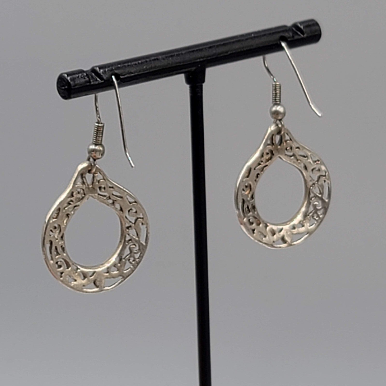Vintage Pierced Earrings Silver tone Open Filigree Dangle 1"