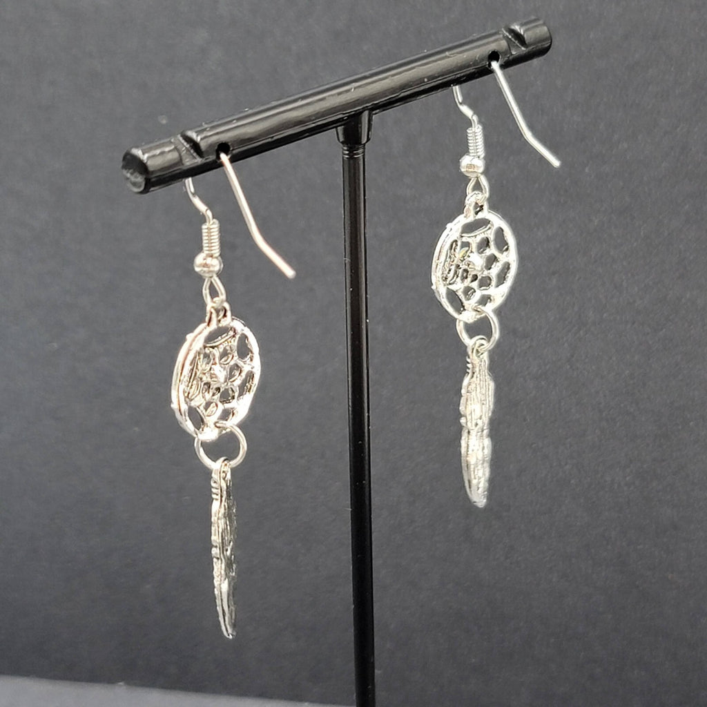 Dreamcatcher Pierced Earrings Silver tone Blue Rhinestone Enamel Feather  1 5/8"