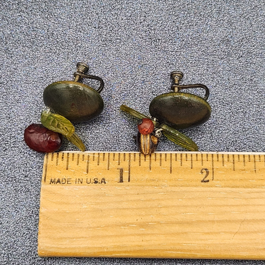 Vintage Clip on Earrings Green Seed and Acrylic Leaves Dangle Studs 3/4"