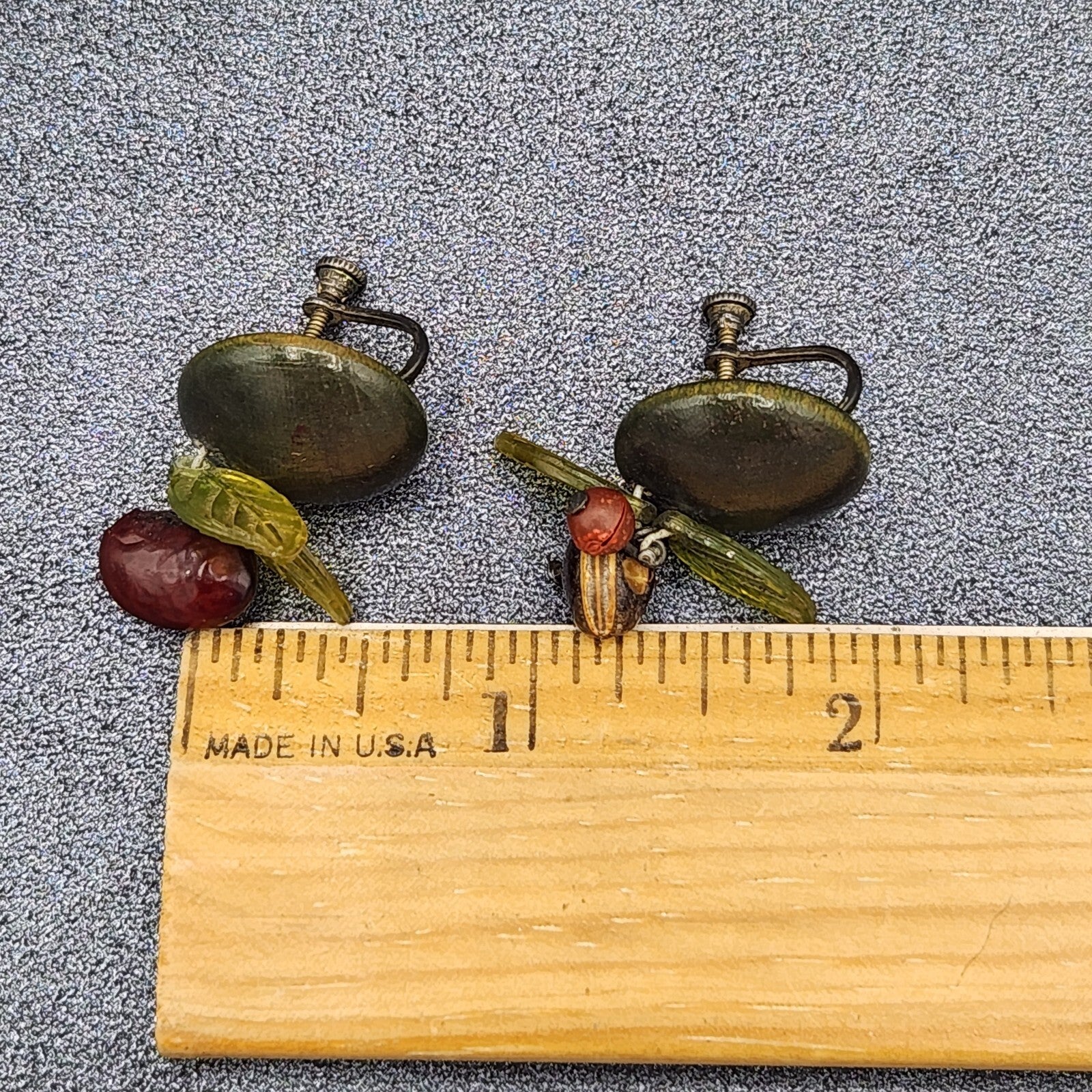 Vintage Clip on Earrings Green Seed and Acrylic Leaves Dangle Studs 3/4"