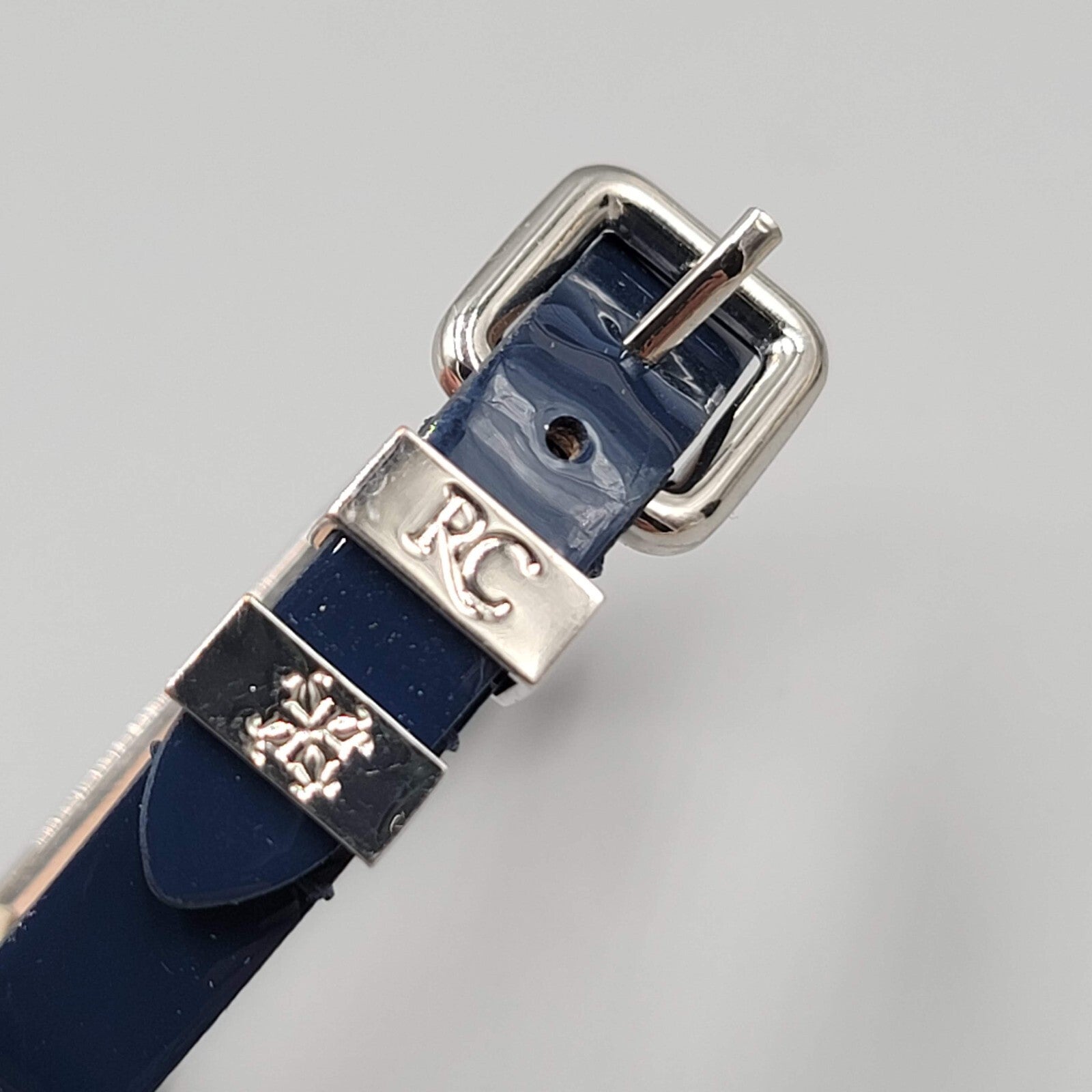 ANN ID Name Rustic Cuff Bracelet Silver Tone Navy Blue Leather RC Buckle Adj