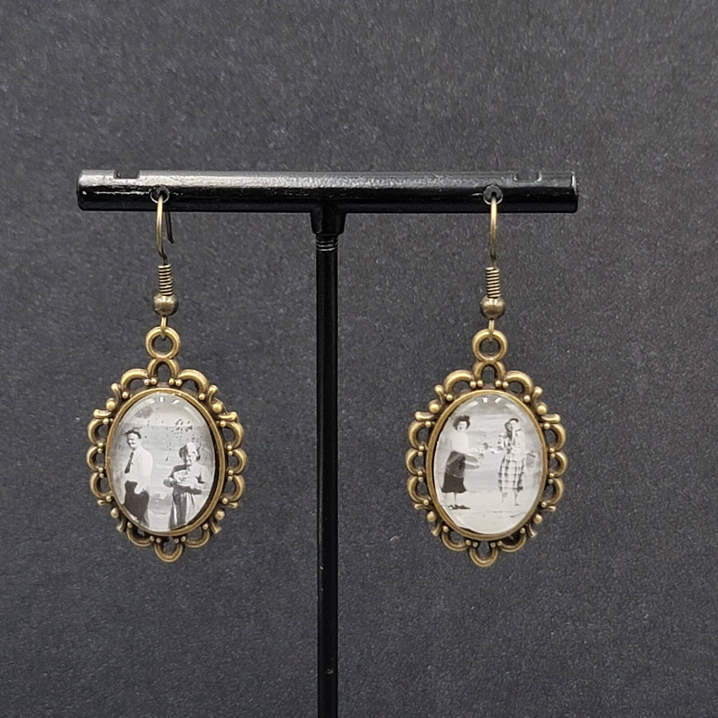 Pierced Earrings Bronze tone Real Photo Glass Cabochon Dangle 1.25"