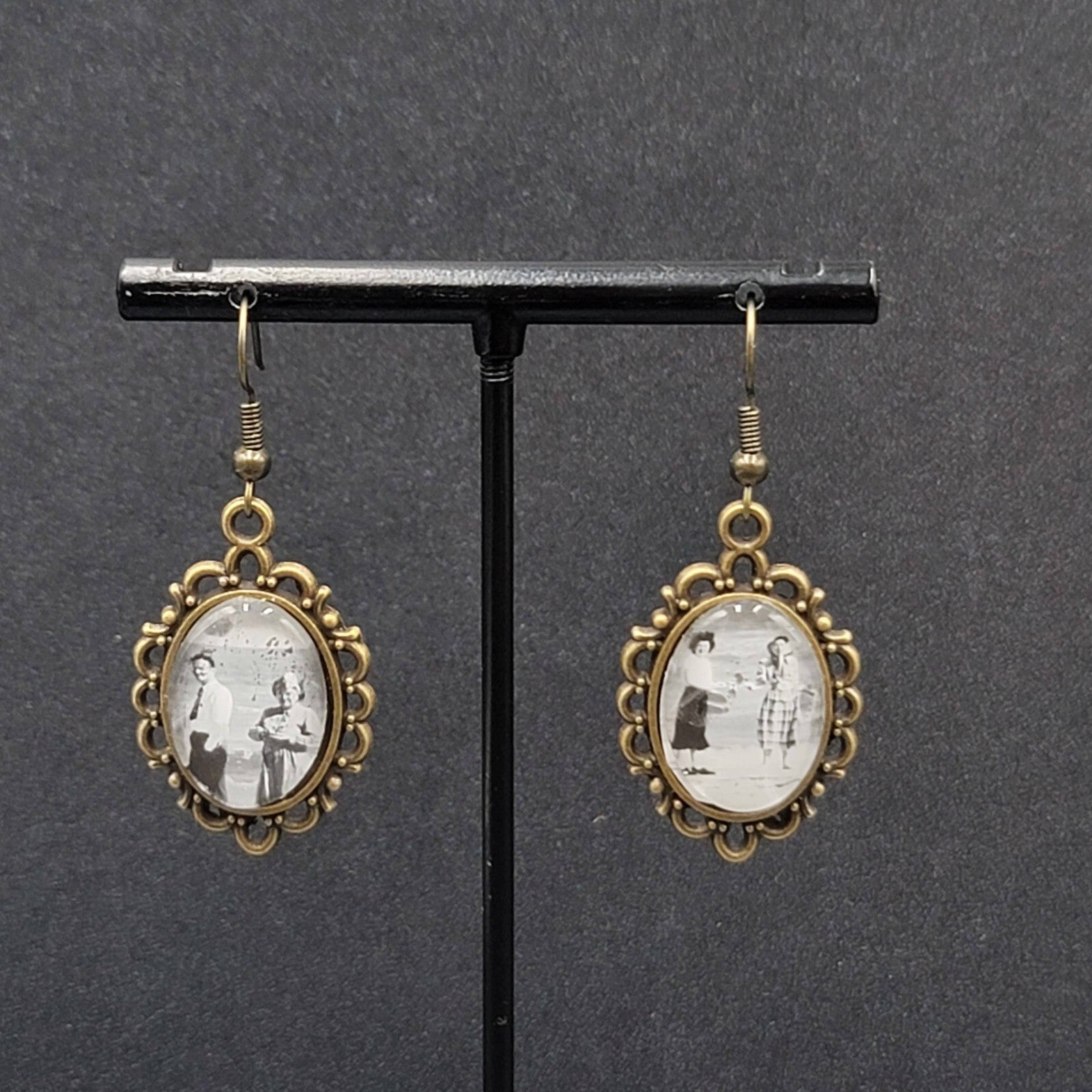 Pierced Earrings Bronze tone Real Photo Glass Cabochon Dangle 1.25"