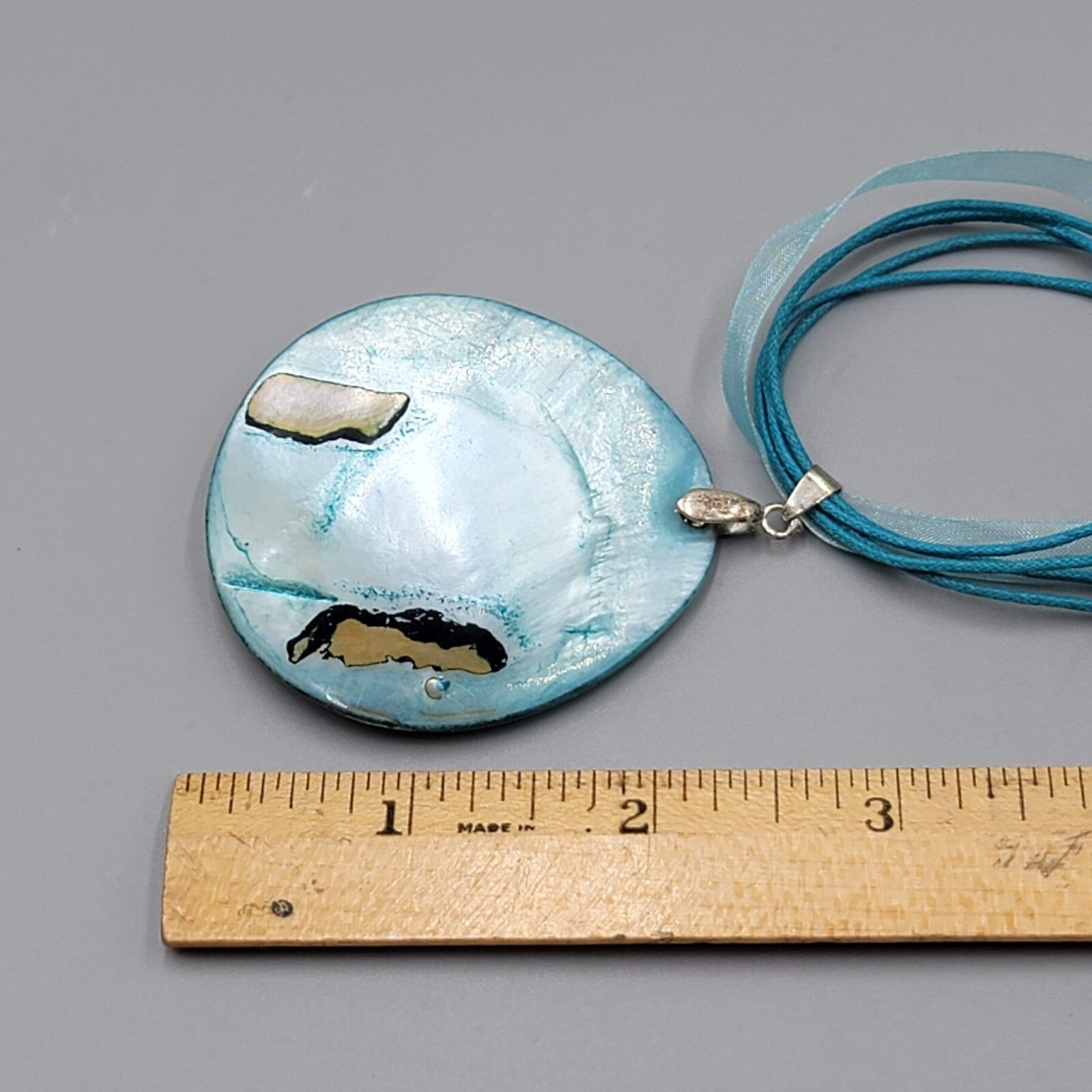Blue Shell Pendant Necklace Ribbon Silver Embossed Butterfly Flowers 18"