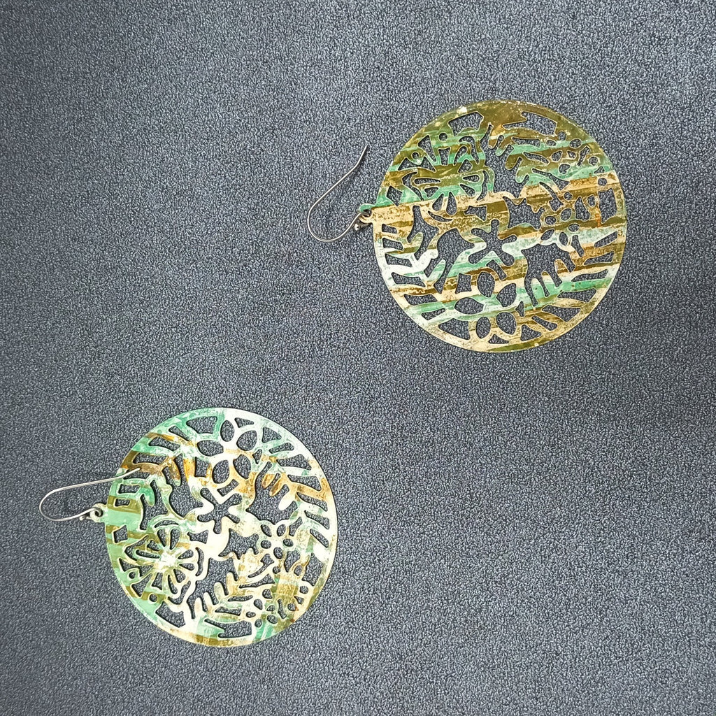 Pierced Earrings Metal Open Work Brown and Green Enamel Medallion Dangle 2"