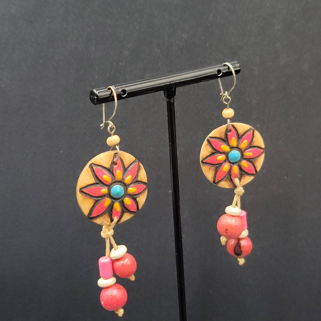 Vintage Pierced Earrings Hand Painted Carved Coconut Pink Bead Dangle 2.25"