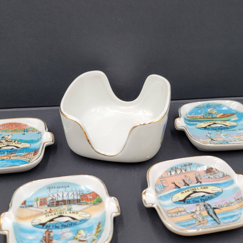 Vtg Marineland Ceramic Souvenir Ashtray Set w Holder
